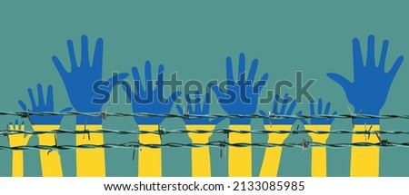 Ukrainian flag, blue and yellow raised people hands on green background. hands behind barbed wire. hand group with raised arms. Concept of Ukrainian and Russian military crisis. Flat illustration