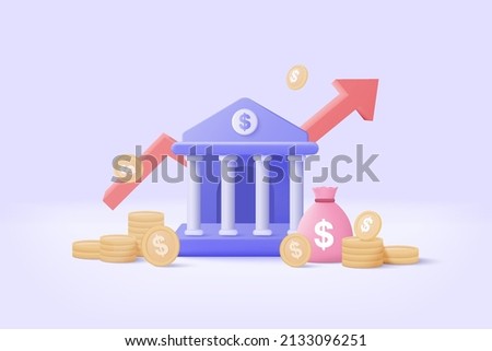 3d minimal bank deposit and investment, transactions money dollar, 3d banking financial concept. bank building with coin icon style on graph investment. 3d bank finance vector render on background Royalty-Free Stock Photo #2133096251