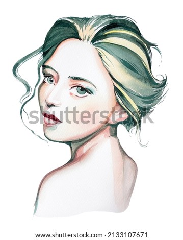 Beautiful girls face  design. Watercolor woman face  illustration for branding, logo,card,poster,print. Beauty concept graphic. Makeup themed abstract clipart.