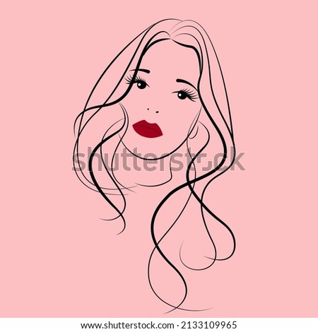 Fashion and leisure. In the contours of the face of a certain young pretty woman. Thin linear vector illustration on a pink background.