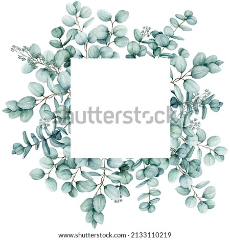 Watercolor eucalyptus Square Frame, Floral eucalyptus leaves and branches exotic Border, isolated on white background, Copy Space Hand Painted Frame