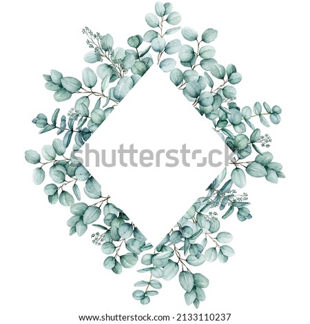 Watercolor eucalyptus Frame, Floral eucalyptus leaves and branches exotic Border, isolated on white background, Copy Space Hand Painted Frame