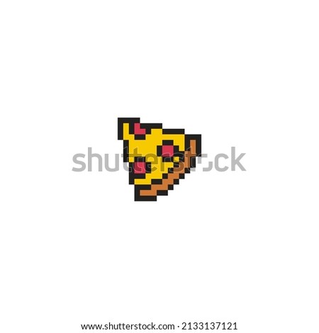 Slice of pizza pixel art icon. Design for stickers, pizzeria logo, mobile app. Game assets 80s 8-bit sprite. Pepperoni piece pizza isolated vector illustration.