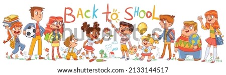 Group of children of different ages and nationalities draw doodles. Write text Back to school. Colorful cartoon characters. Funny vector illustration. Isolated on white background. Seamless panorama