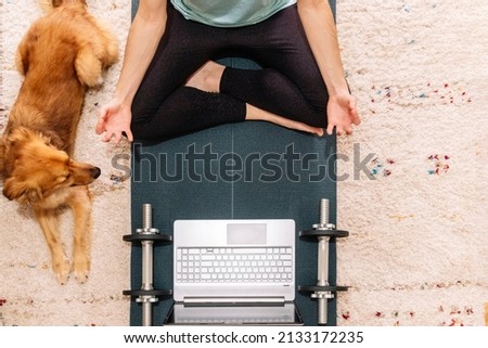 Aerial shot of an unrecognizable woman doing yoga using her computer at home with her dog. Fitness concept.