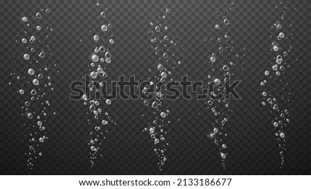 Soda bubbles, water or oxygen air fizz, vector dynamic aqua effervescent rising up underwater fizzing, champagne drink design elements isolated on transparent background, Realistic 3d bubbles set Royalty-Free Stock Photo #2133186677