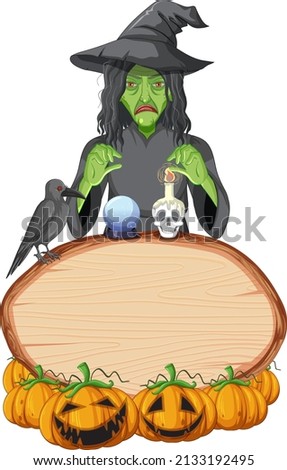 Isolated wooden banner with witch theme illustration
