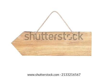Close up of an empty wooden arrow sign  with rope isolated on white background  with clipping path include for design usage purpose.