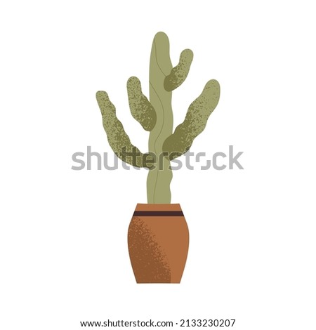 Cactus growing in pot. Green tropical house plant in planter. Natural home decor, cacti. Indoor vegetation in flowerpot, interior decoration.Flat vector illustration isolated on white background