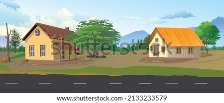Indian village side house with blue sky greenery and road. house built in the middle of forest. jungle house  Royalty-Free Stock Photo #2133233579