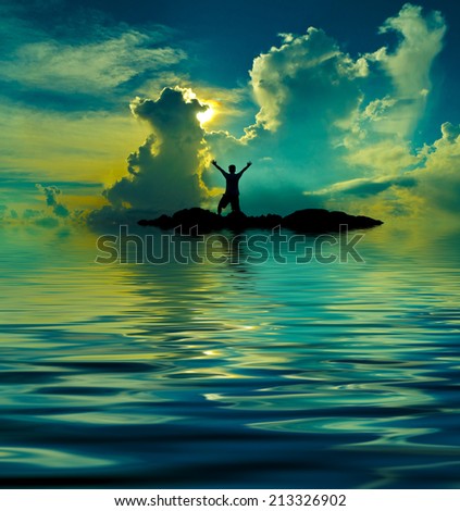 a man stands in the middle of little island during sunrise. digital compositing with colour tone, water reflection and ripple effects.