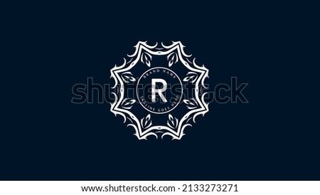 Initial letter R r floral ornament vector monogram logo, Creative icon with floral frame.