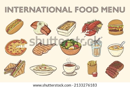 famous international food retro art elements suitable for decoration in menu poster or food presentation