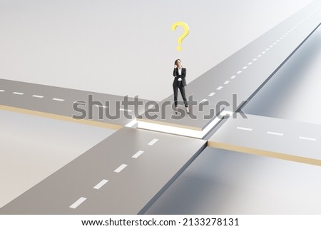 Attractive young european businesswoman standing at crossroads with question. Solution, way and direction concept