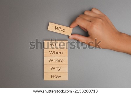 5W1H Who What Where When Why How, Hand holding wooden block showing analysis problem solving technique.
