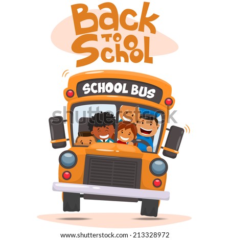 School bus and Happy Children. Vector illustration of School theme. 