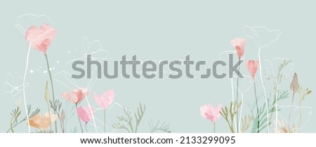 Spring season on green watercolor background. Hand drawn floral and insect wallpaper with pink wild flowers and group of butterflies. Line art graphic design for banner, cover, decoration, poster. Royalty-Free Stock Photo #2133299095