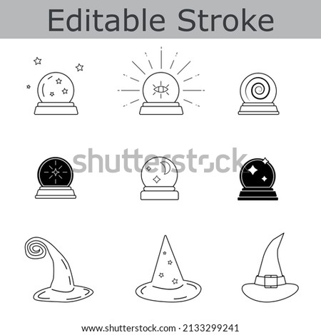 Magic balls and witch hats line icons with editable stroke. Prophecy and fortune telling symbols pack