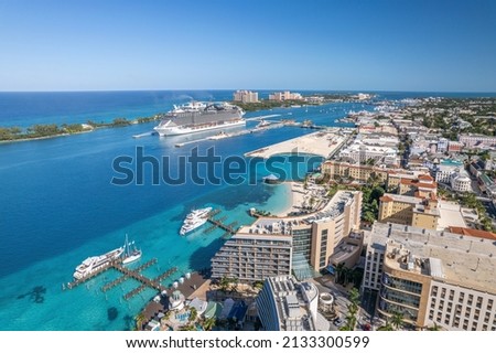 The drone panoramic view of downtown district of Nassau city and Paradise Island, Bahamas. Royalty-Free Stock Photo #2133300599
