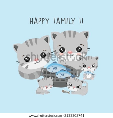 Happy cat family eating grilled fishes.Vector illustration.
