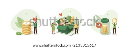 Donation illustration set. Volunteers collecting food and clothes in donation box. Characters putting money in jar. Charity and financial support concept. Vector illustration.
