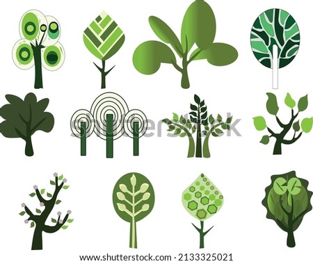 Web. Set of abstract stylized trees. Natural illustration. Tree logos collection in flat style  Vector. 