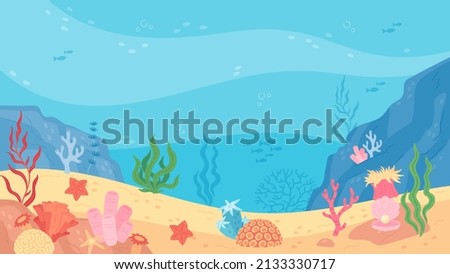 Underwater world scene, ocean floor marine life background. Undersea with corals and seaweed, sea bottom, seabed vector illustration Royalty-Free Stock Photo #2133330717