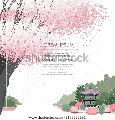 Vector editorial design frame of Korean spring scenery with cherry trees in full bloom. Design for social media, party invitation, Frame Clip Art and Business Advertisement	