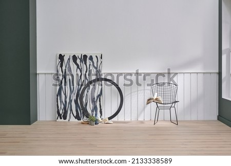 White wall interior room background style, nobody, lamp and furniture decoration, poster and house design.