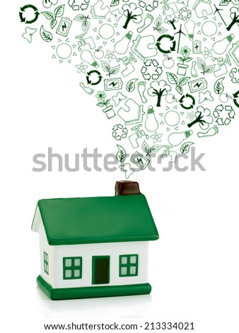 green house with eco icons out of  chimney,  not polluting the environment, concept Ã?Â¢?? eco chimney