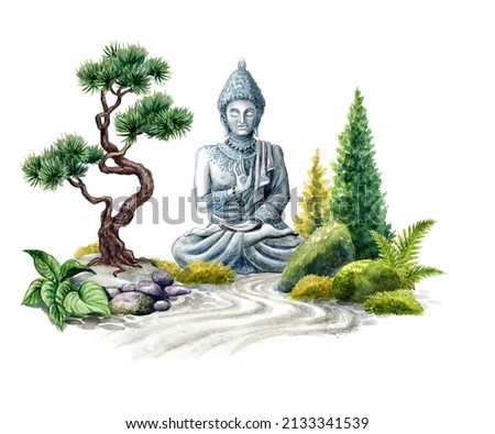 watercolor illustration of zen garden with buddha statue, bonsai tree and rocks. Spiritual nature landscape, isolated on white background