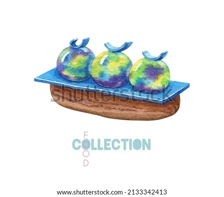 Blue eclair sweet balls decor. Watercolor dessert. Colorful pastry illustration 