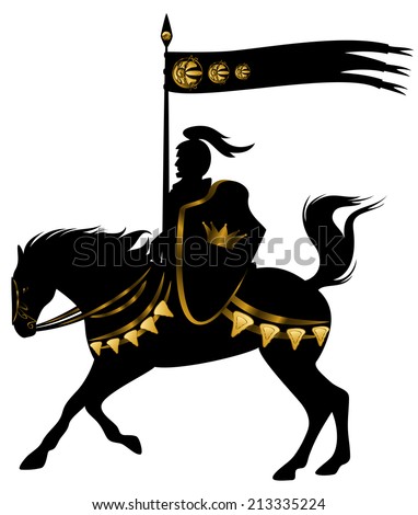 knight in black and gold armor with a spear standard riding a horse with golden decor 