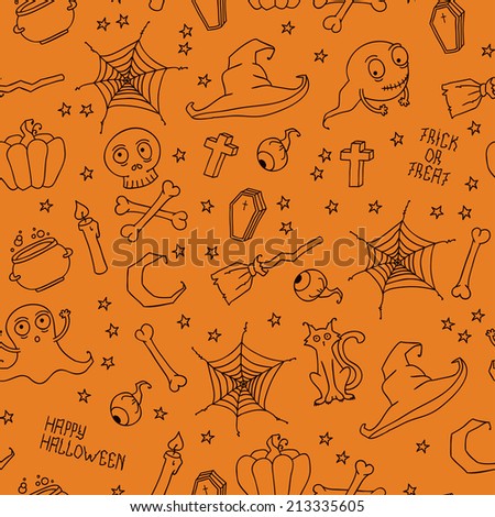 Happy Halloween. Seamless pattern with pumpkins, skulls, cats, spider's web, ghosts, monsters, witch hat. Trick or treat. Vector illustration. Background.