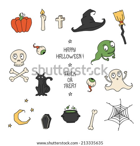 Happy Halloween. Set with pumpkins, skulls, cats, spider's web, ghosts, monsters, witch hat. Trick or treat. Vector illustration. Background.