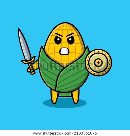 Cute cartoon character corn holding sword and shield