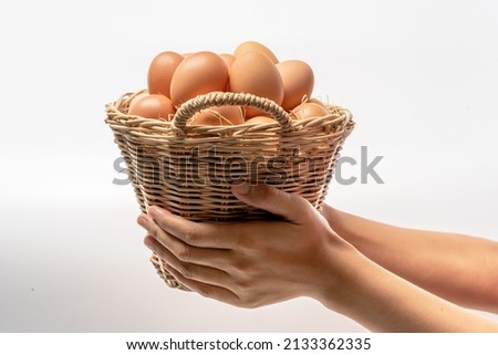 Woman hand holding fresh eggs collected inside wicker basket, suitable as a food ingredient or giving present. Fresh eggs from quality organic farms isolated on white background. Healthy food concept