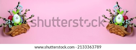 Happy Easter concept. Preparation for holiday. Easter eggs and easter bunny  isolated on trendy pastel pink background. Simple minimalism flat lay top view copy space 