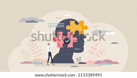 Decision mind puzzle and problem solving in head or brain tiny person concept. Analysis process with symbolic jigsaw puzzle pieces vector illustration. Smart psychological and mental thoughts thinking Royalty-Free Stock Photo #2133389491