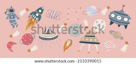 Space and cosmo collection. Hand drawn elements with cute details. Doodle style.
