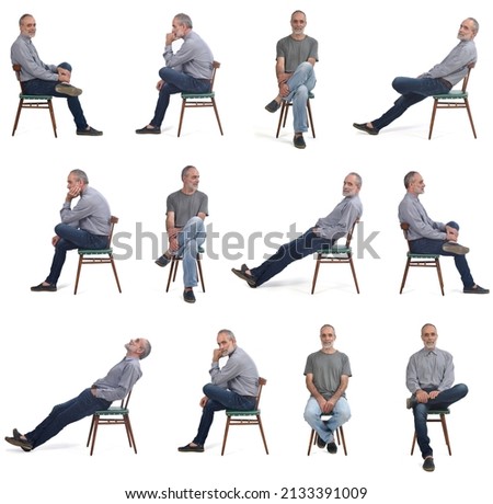 various poses of same man sitting on chair on white background Royalty-Free Stock Photo #2133391009