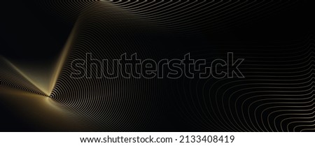 Vector abstract art with gold, wave line pattern, light shiny, texture on dark, black color background. Illustration luxury, modern graphic design for wallpaper, banner. Futuristic technology concept