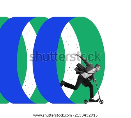 Creative design. Funny art with businessman in a hurry, riding scooter, being late at work isolated over white background. Concept of business, career development, promotion, ambitions