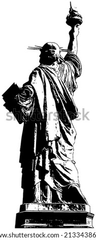Statue of Liberty from behind, black on white background 