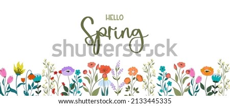 Banner or floral background decorated with bright colored blooming flowers and leaves at bottom edge. Hand drawn botanical illustration for decorative natural backdrop. Royalty-Free Stock Photo #2133445335