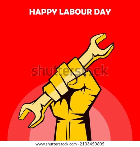 Worm color background hand holding tool happy Labour Day