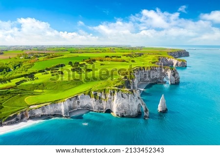 Aerial view of the beautiful cliffs of Etretat. Normandy, France, La Manche or English Channel Royalty-Free Stock Photo #2133452343