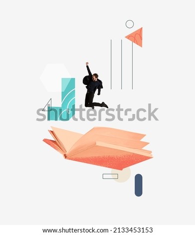 Contemporary art collage. Man cheefully jumping on giant open book symbolizing information importance. Colorful design. Creative art. Concept of business, books, education, knowledge, study