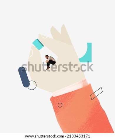 Contempporary art collage. Desperate looking man sitting on giant hand holding book symbolizing education help. Colorful design. Creative art. Concept of business, books, knowledge, study, information