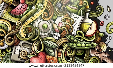 Diet food hand drawn doodle banner. Cartoon detailed flyer. Dietic identity with objects and symbols. Color vector design elements background
